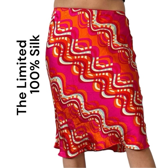 The Limited 100% Silk Skirt Orange Pink Cream Blue Red Sz Med Bias Cut - Picture 1 of 7
